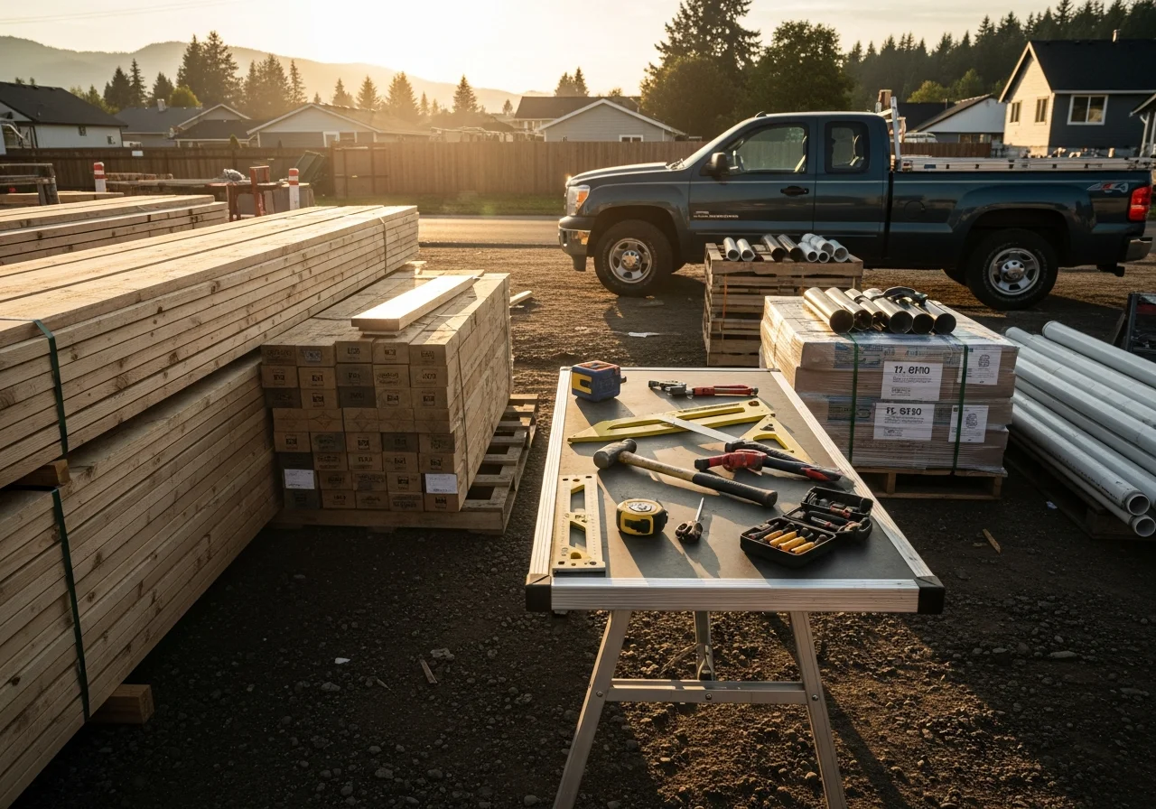 Construction crew and equipment on a residential job site, showing tools and materials ready for building.