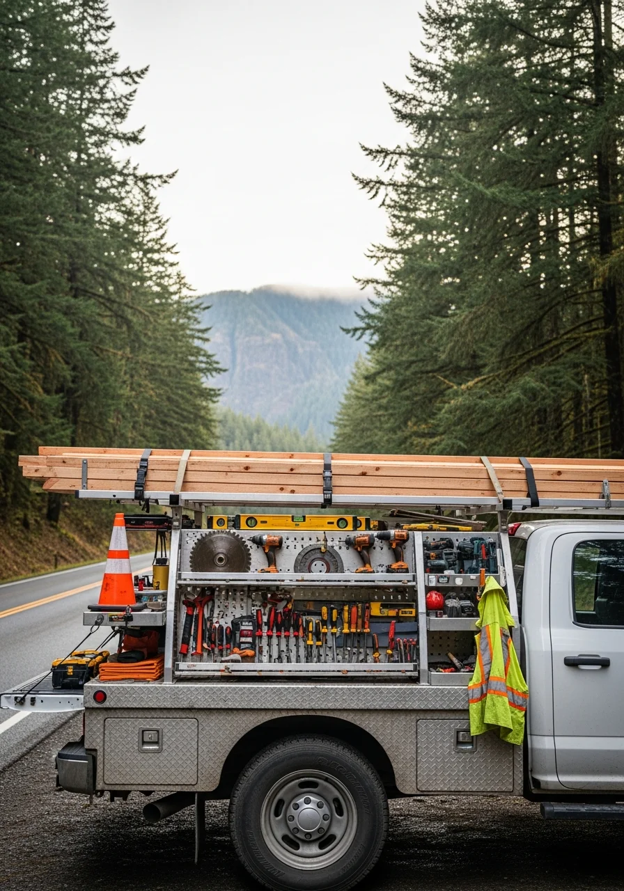 A contractor's truck parked on a winding Corbett road with forest and gorge landscape visible.