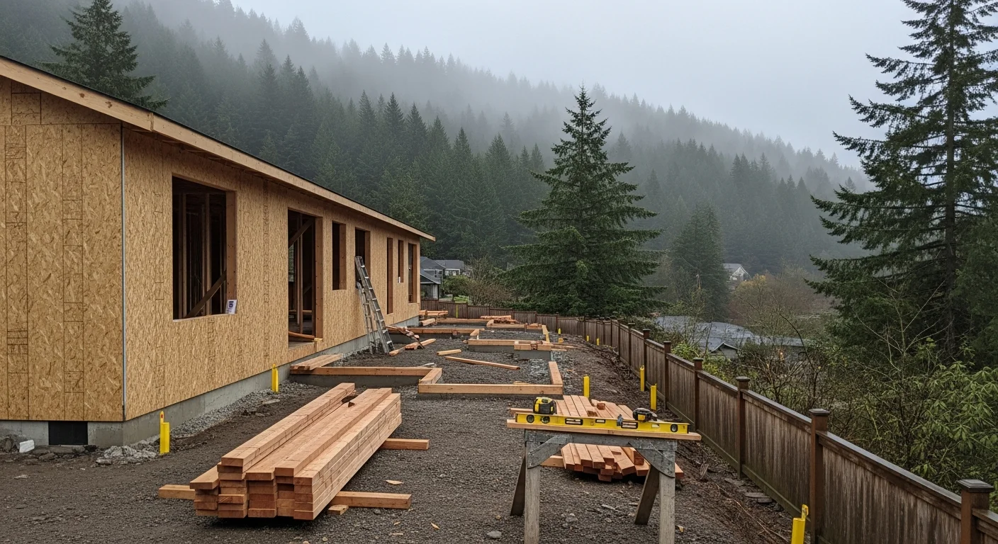A residential home nestled in the Columbia River Gorge with evergreen trees and scenic hillside backdrop.
