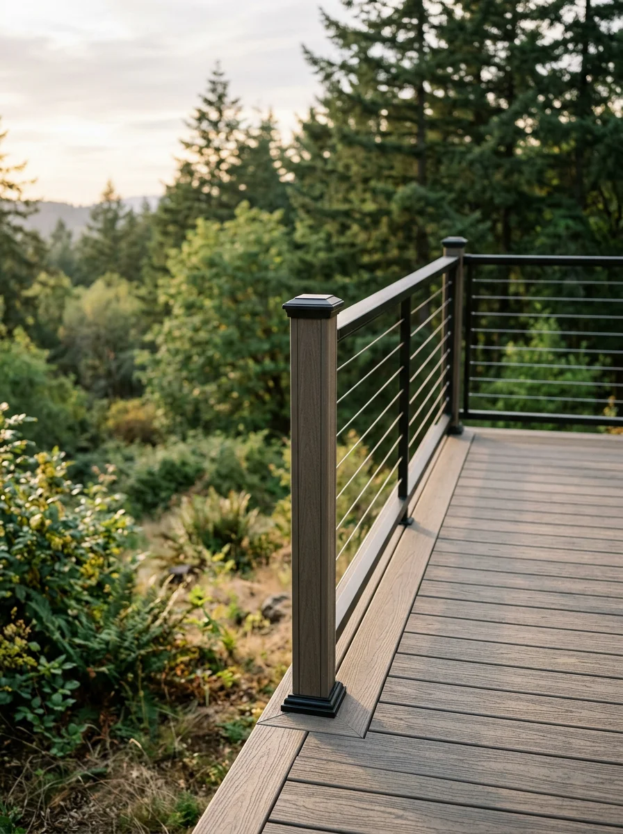 Composite deck with railing overlooking a sloped backyard with native trees and natural terrain in Damascus