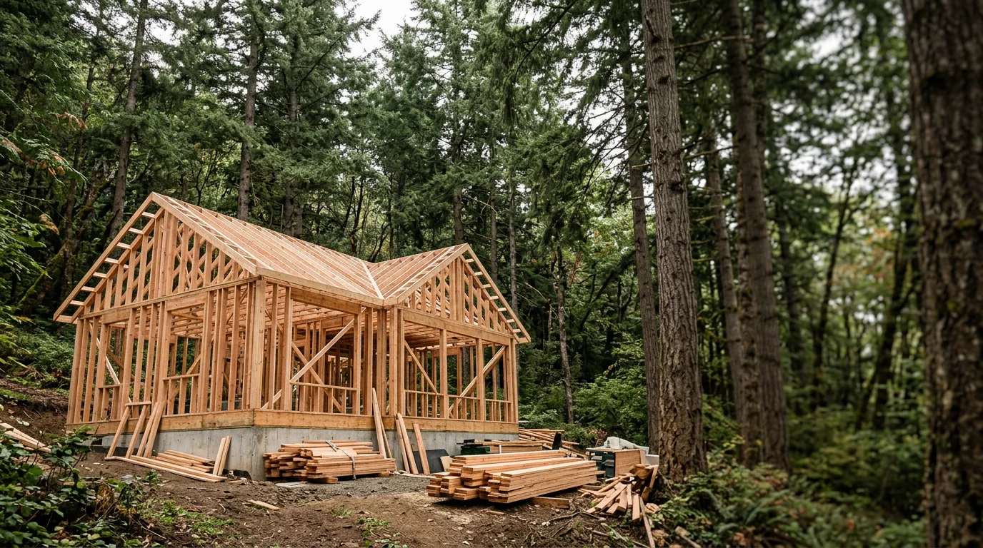 Custom home under construction on a rolling, tree-covered lot in Damascus, Oregon with mature forest backdrop