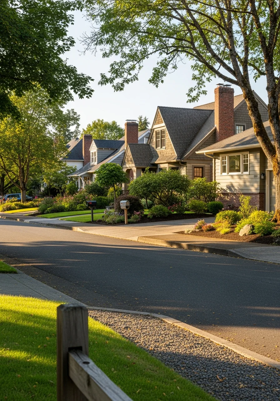 A Gresham street view showing diverse home styles and community character typical of east county.