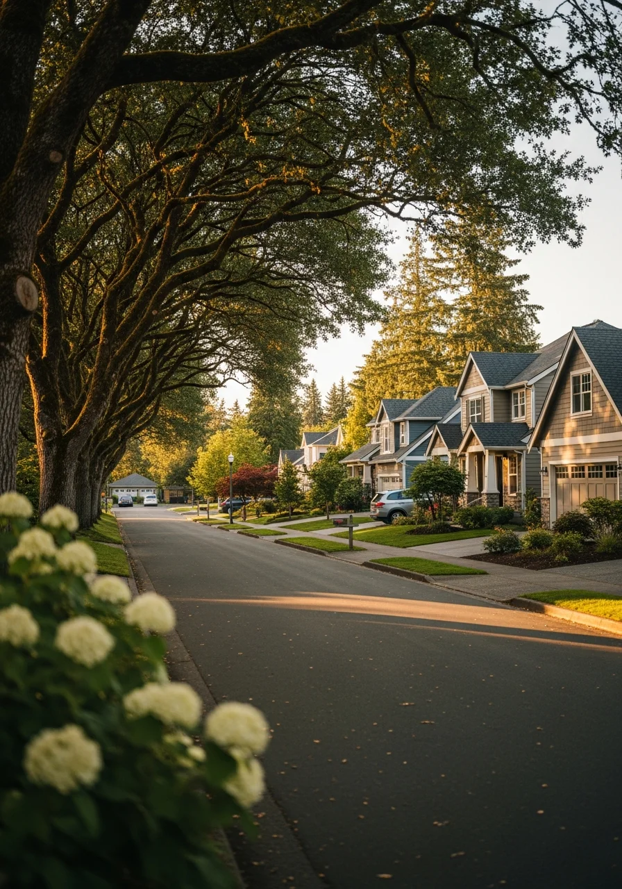 A Lake Oswego neighborhood street showing established homes and community character.