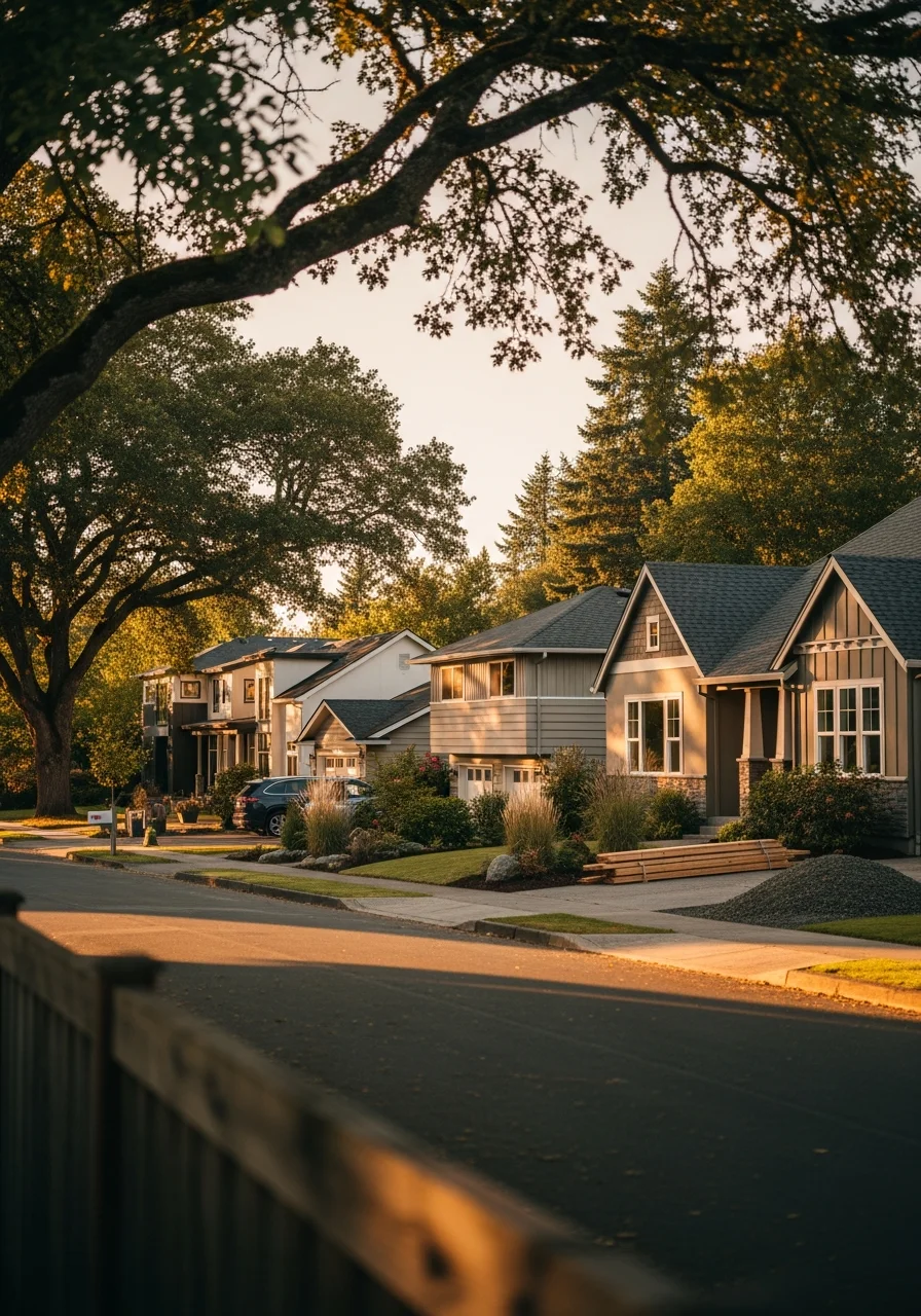 A Tigard street showing diverse home styles and neighborhood development typical of south metro communities.