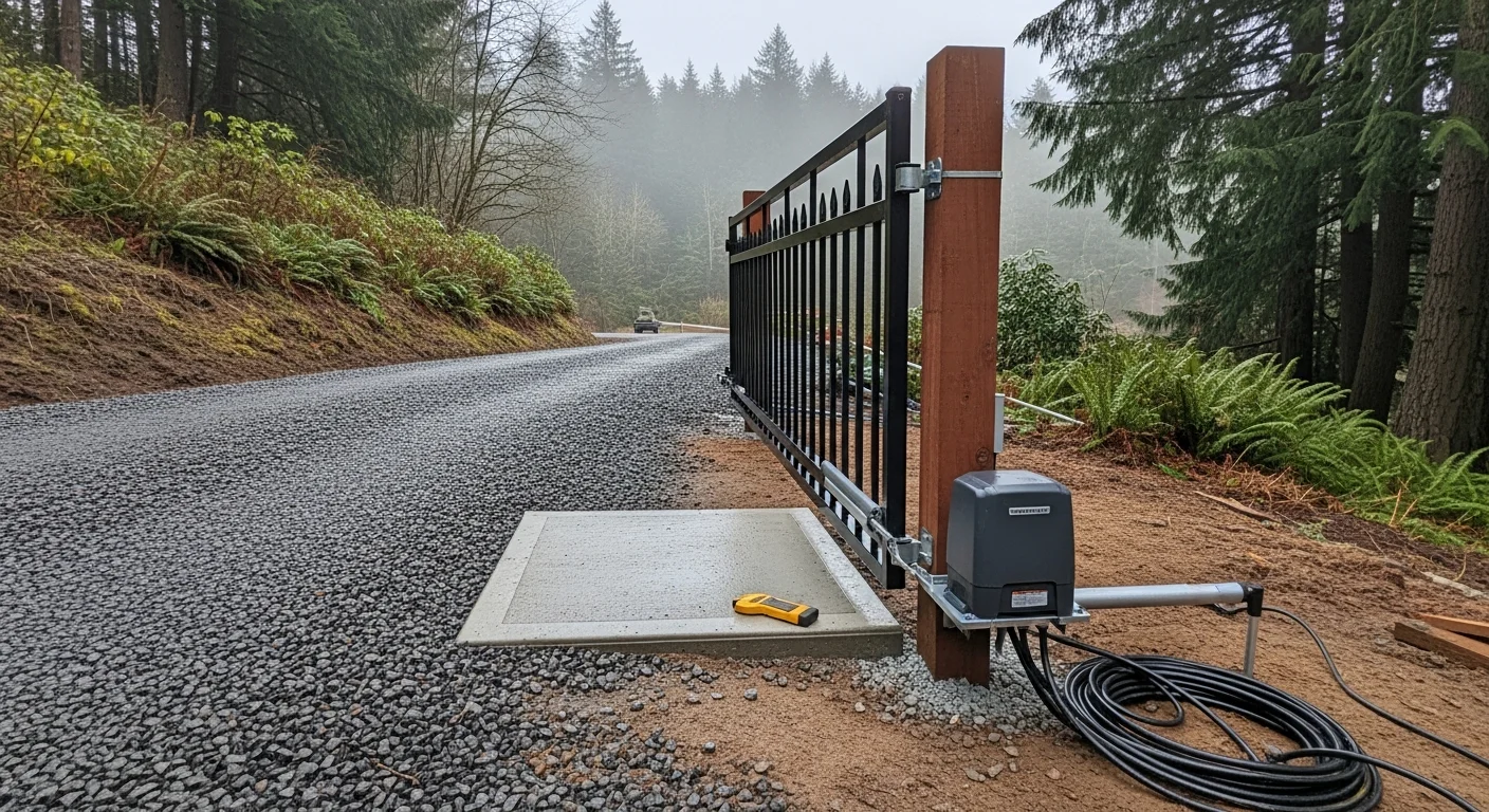 Automatic swing gate installed at the entrance of a rural residential driveway in Corbett, Oregon, with concrete gate posts and a keypad access panel mounted on a wooden fence line.