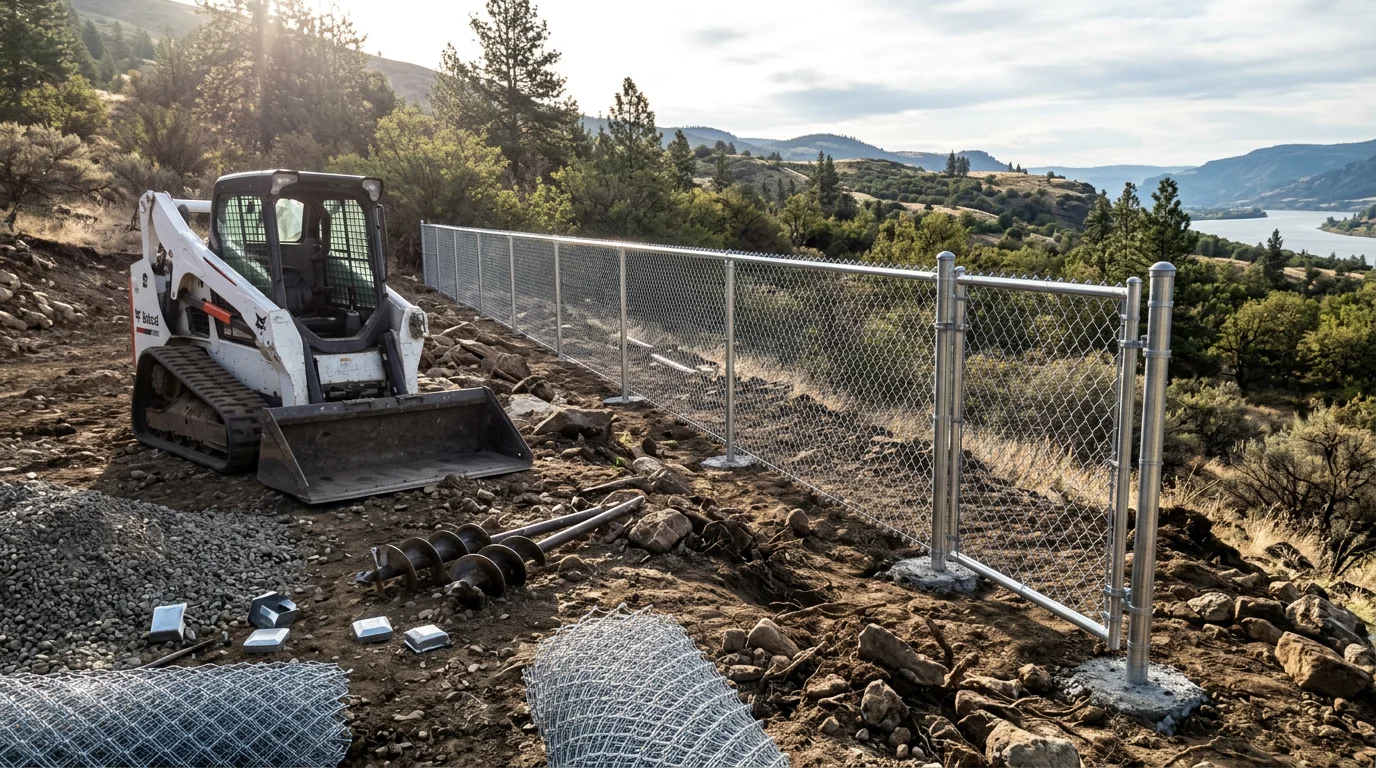 Newly installed chain-link fence with concrete-set posts along a sloped residential property in Corbett, Oregon. The fence line runs straight across uneven terrain with a swing gate at the yard entrance.