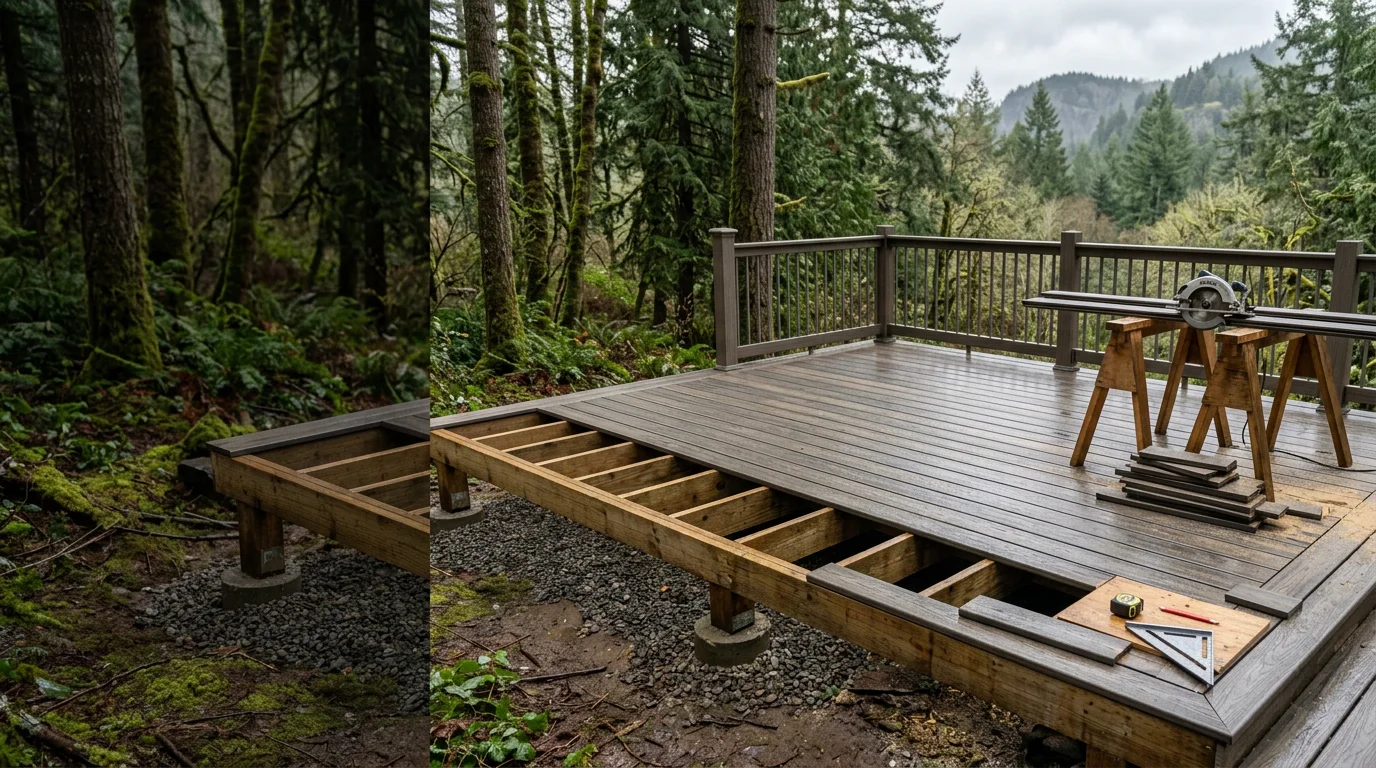Finished composite deck installed on a residential property in Corbett, Oregon, with post footings set into a sloped yard and the Columbia River Gorge visible in the background. The deck surface shows even board spacing and a clean fascia edge built for Pacific Northwest weather conditions.