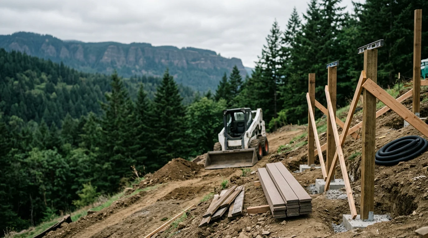 Custom wood-framed deck built on a sloped residential lot in Corbett, Oregon, with structural post footings set into graded terrain. Finished deck faces toward the Columbia River Gorge with open railing and stair access to the yard below.