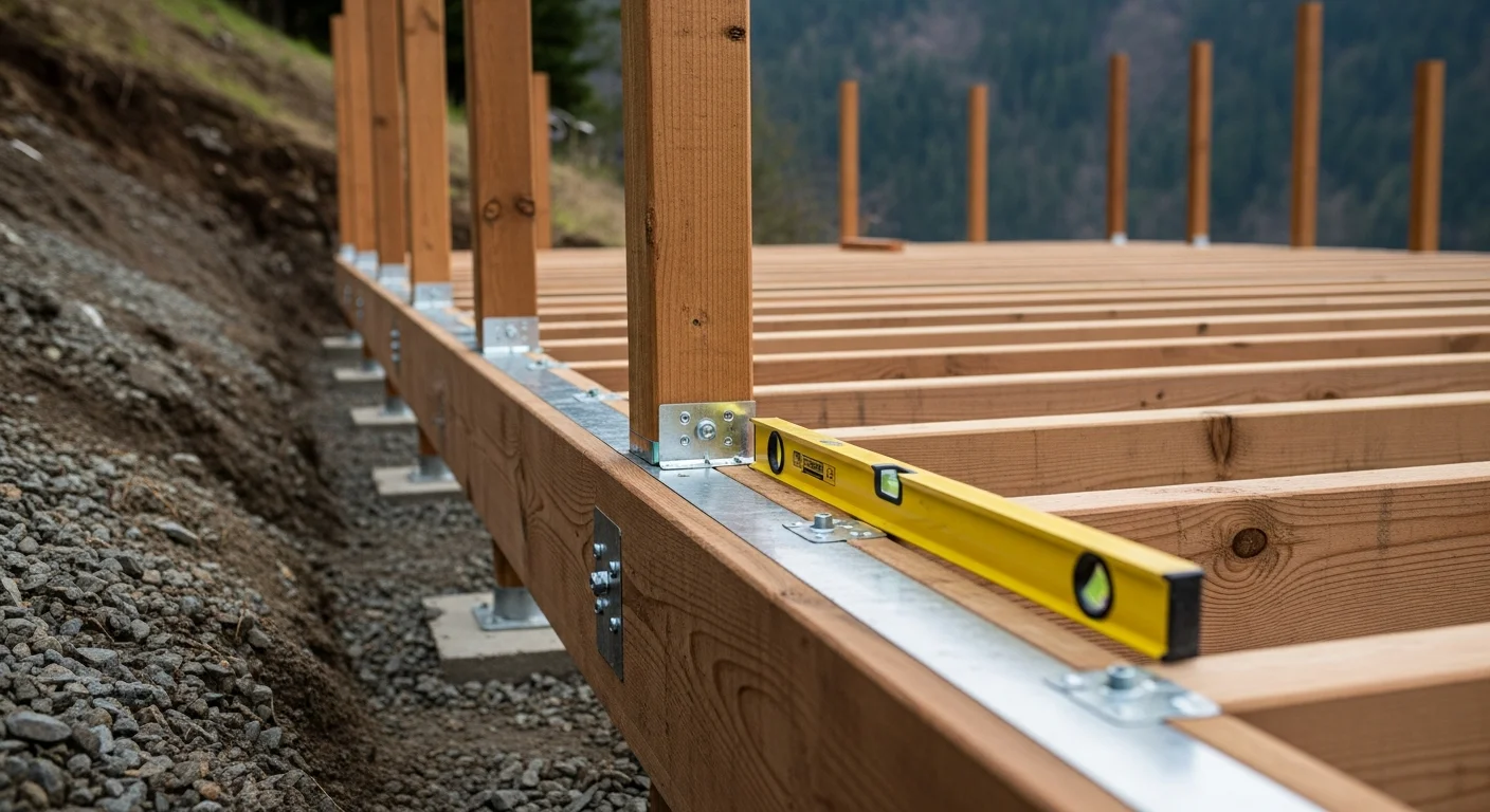 Newly constructed wood-framed deck on a sloped residential lot in Corbett, Oregon, with post footings set into graded hillside terrain. The deck extends from the rear of a single-family home with views toward the Columbia River Gorge tree line.
