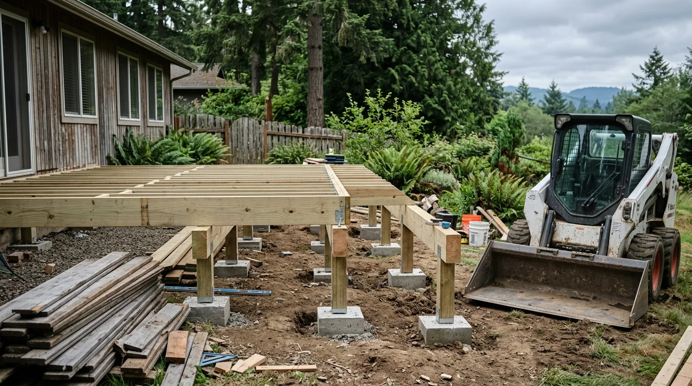 Newly rebuilt wood deck on a residential property in Corbett, Oregon, with fresh framing, new post footings, and a clear view toward the surrounding forested hillside. The completed structure shows clean board installation and proper railing height on a sloped lot.