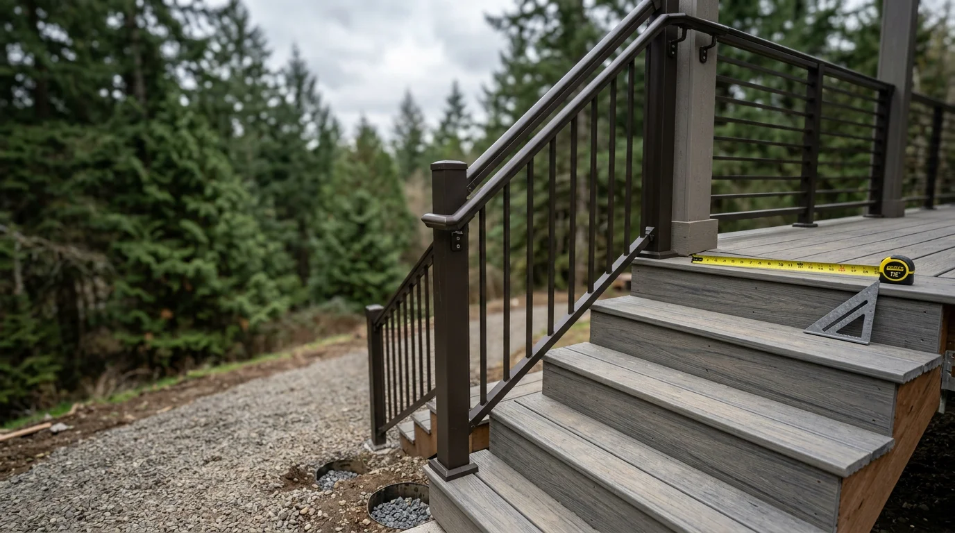 Newly installed wood deck stairs with code-compliant railings on a residential property in Corbett, Oregon, surrounded by mature Pacific Northwest trees. The stair landing is graded and level, with post footings set into the ground at the base of the staircase.