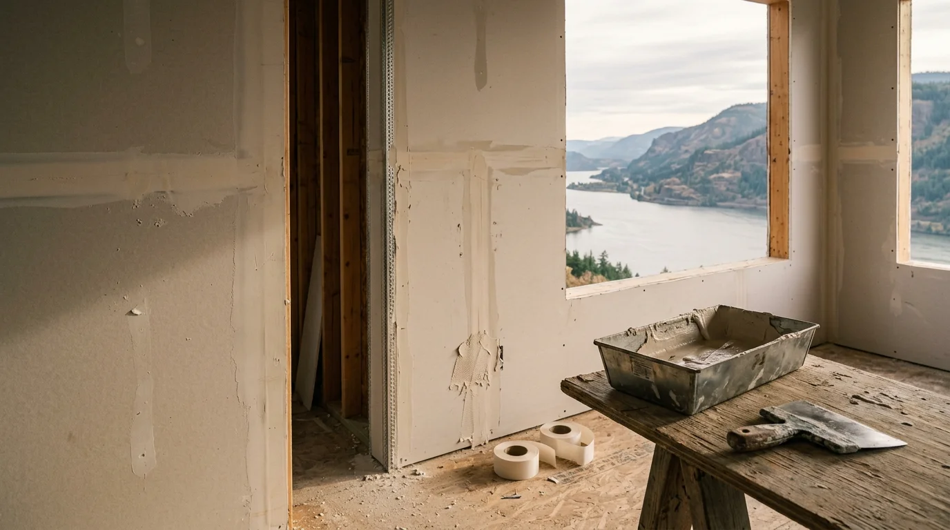 Freshly installed and taped drywall covering the interior walls of a new custom home under construction in Corbett, Oregon. Smooth wall surfaces are ready for finish work as part of a full home build project.