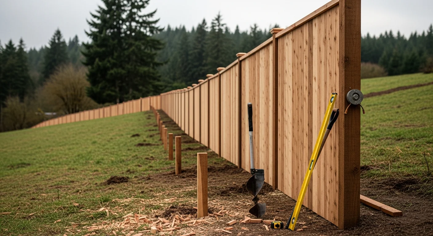 A newly installed wood privacy fence running along the perimeter of a rural residential property in Corbett, Oregon, with forested hills visible in the background. The fence posts are set straight and level across gently sloped terrain typical of Multnomah County acreage.