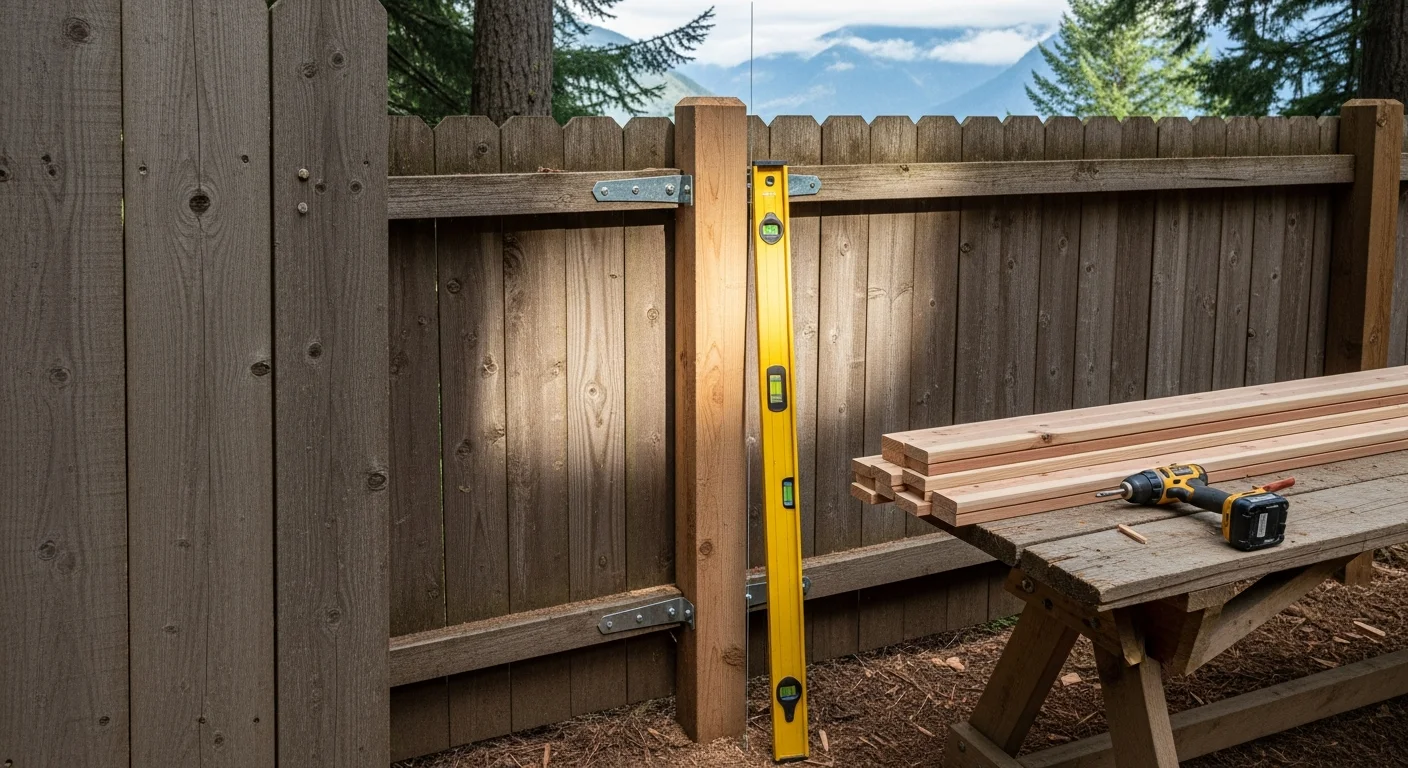 A repaired wood fence on a rural Corbett, Oregon property with reset posts and replaced boards standing straight along a grassy yard. The fence line shows fresh repair work against a backdrop of Pacific Northwest tree cover.