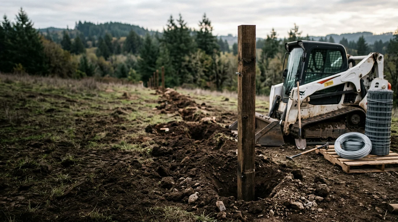 A newly installed wood fence on a gently sloping residential lot in Corbett, Oregon, with straight post lines and clean panel spacing. The surrounding landscape shows the rural, tree-lined character typical of properties in the Corbett area above the Columbia River Gorge.