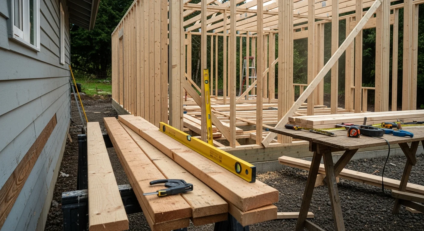 A newly framed home addition in Corbett, Oregon, showing structural tie-in to the existing house with exposed framing and a concrete foundation in the foreground. A skid steer sits on the graded lot beside the construction site.