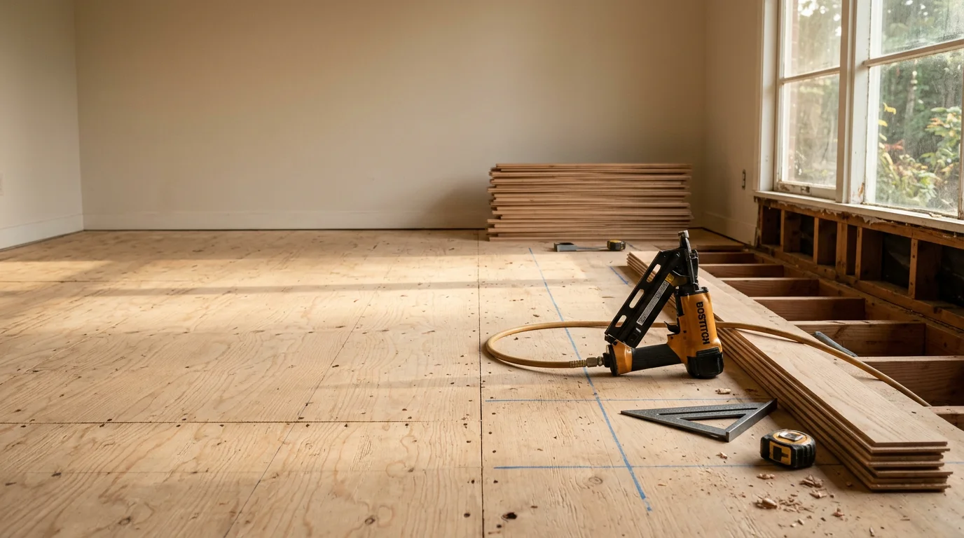 Newly installed flooring inside a custom home in Corbett, Oregon, showing a finished main living area with a clean subfloor transition visible at the room edge. The rural setting is visible through a large window in the background.