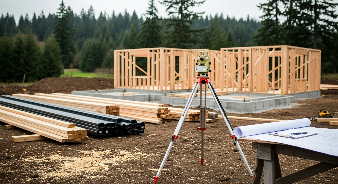 A newly framed custom home on a wooded rural lot in Corbett, Oregon, with exposed structural framing and cleared site work visible in the foreground. A skid steer sits on the graded property, showing active ground-up construction in progress.