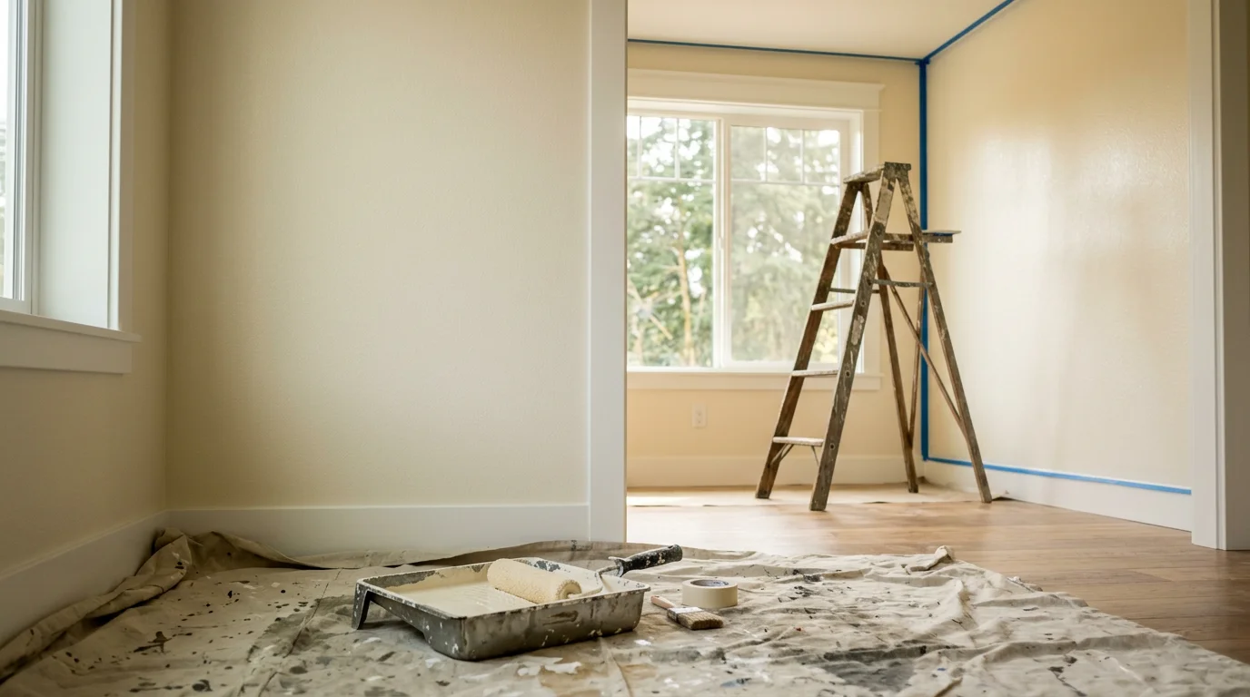 Freshly painted interior walls and white trim inside a custom home in Corbett, Oregon, with natural light coming through large windows overlooking wooded hillside. A clean paint line runs along the ceiling and door casing in a recently completed room.