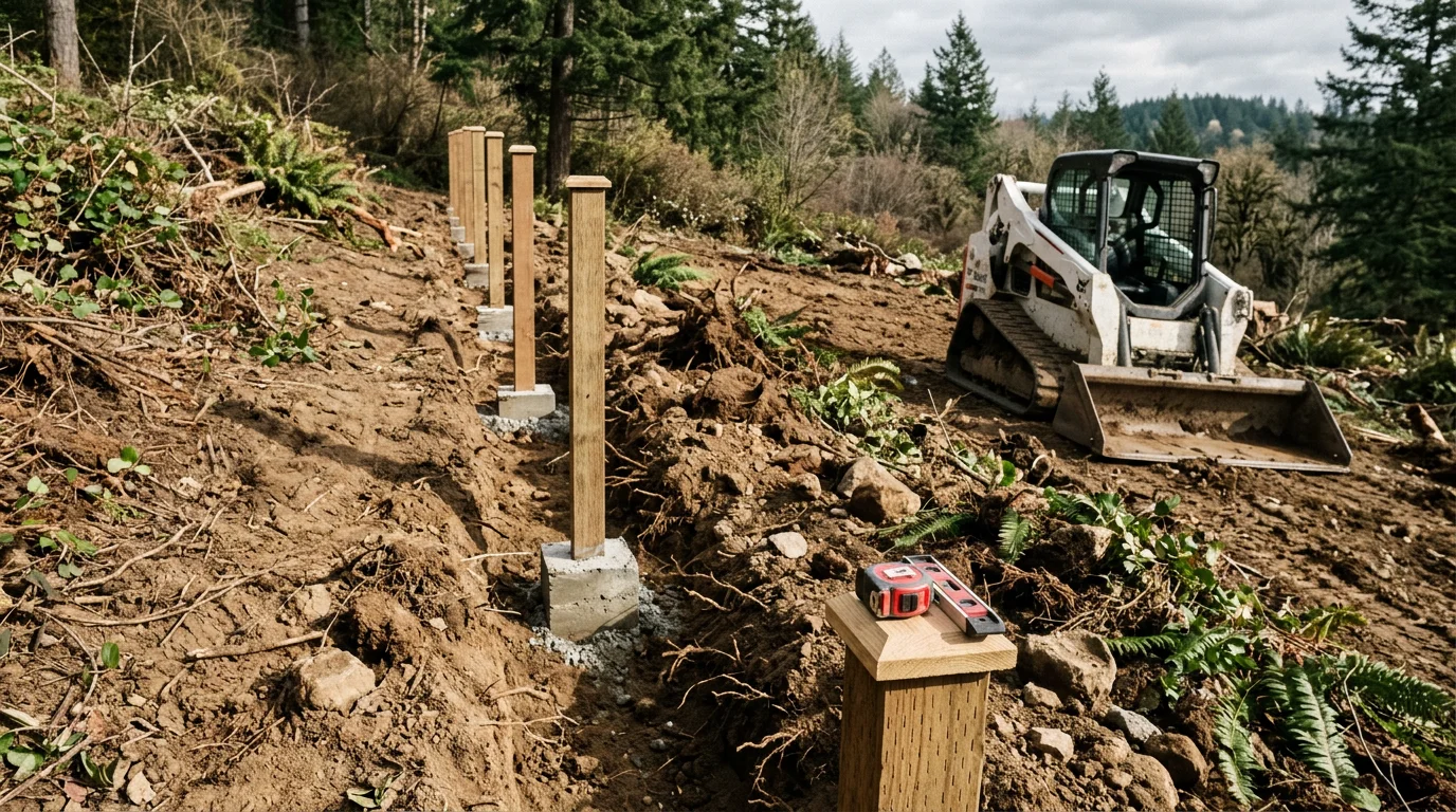 A tall wood privacy fence installed along the rear property line of a residential home in Corbett, Oregon, with a sloped wooded lot visible in the background. Posts are set in concrete footings on uneven terrain with consistent panel alignment across the full fence run.