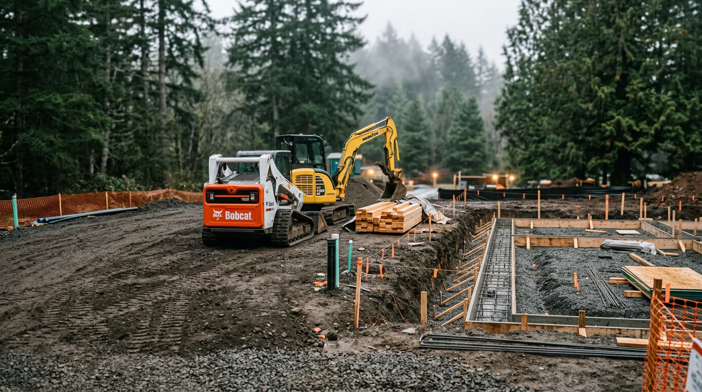 A home remodeling project in Corbett, Oregon showing structural framing and site work in progress on a residential property. Excavation equipment is visible on site as the build progresses from the foundation level.
