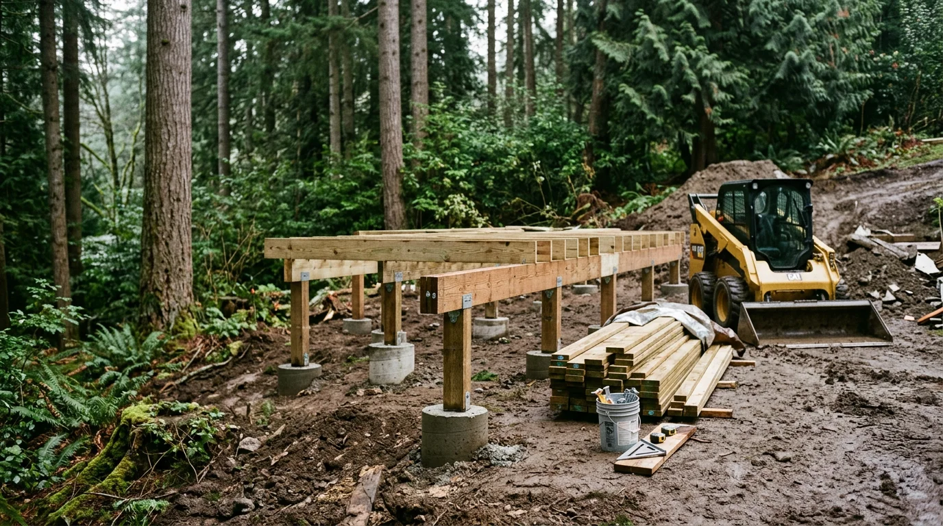 Newly installed wood deck on a residential property in Corbett, Oregon, with post footings set into a sloped yard and board framing extending from the home's exterior wall. Surrounding tree cover and hillside terrain typical of the Columbia River Gorge area are visible in the background.
