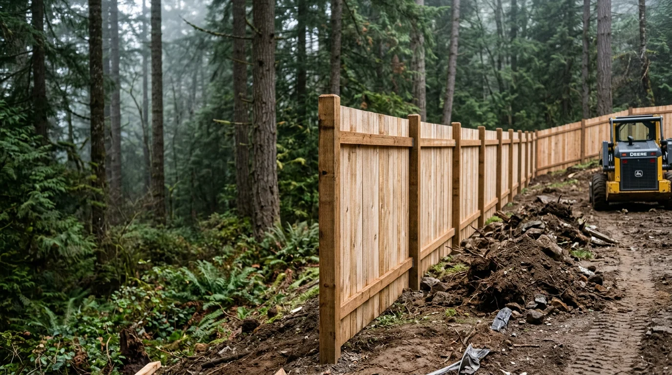 A newly installed wood privacy fence running along the boundary of a wooded residential lot in Corbett, Oregon, with mature fir trees visible in the background. Posts are set into sloped terrain typical of Columbia River Gorge area properties.